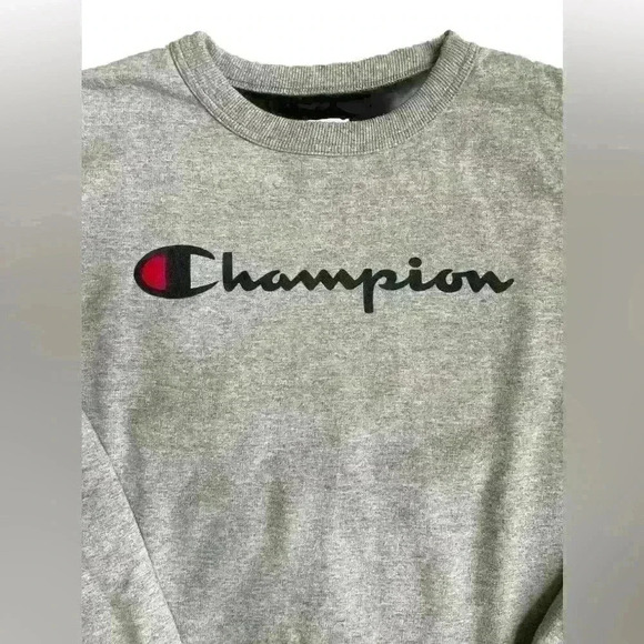 Champion Mens Crewneck Long Sleeve Sweatshirt Gray Classic Front Script Large - Picture 3 of 9